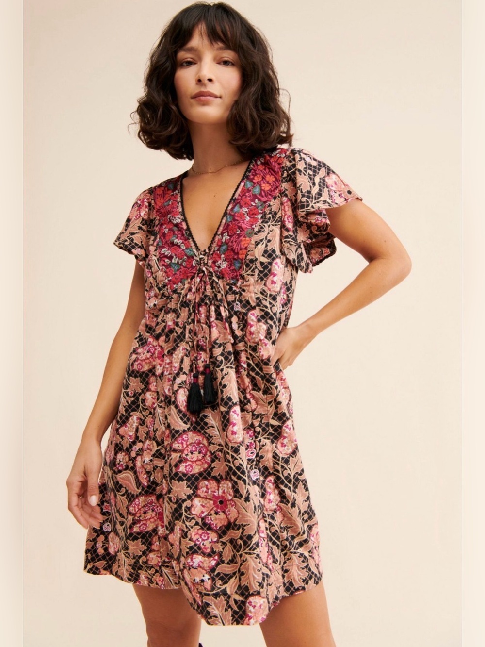 Anthropologie Pink and Black Floral V-Neck Mini tunic Dress